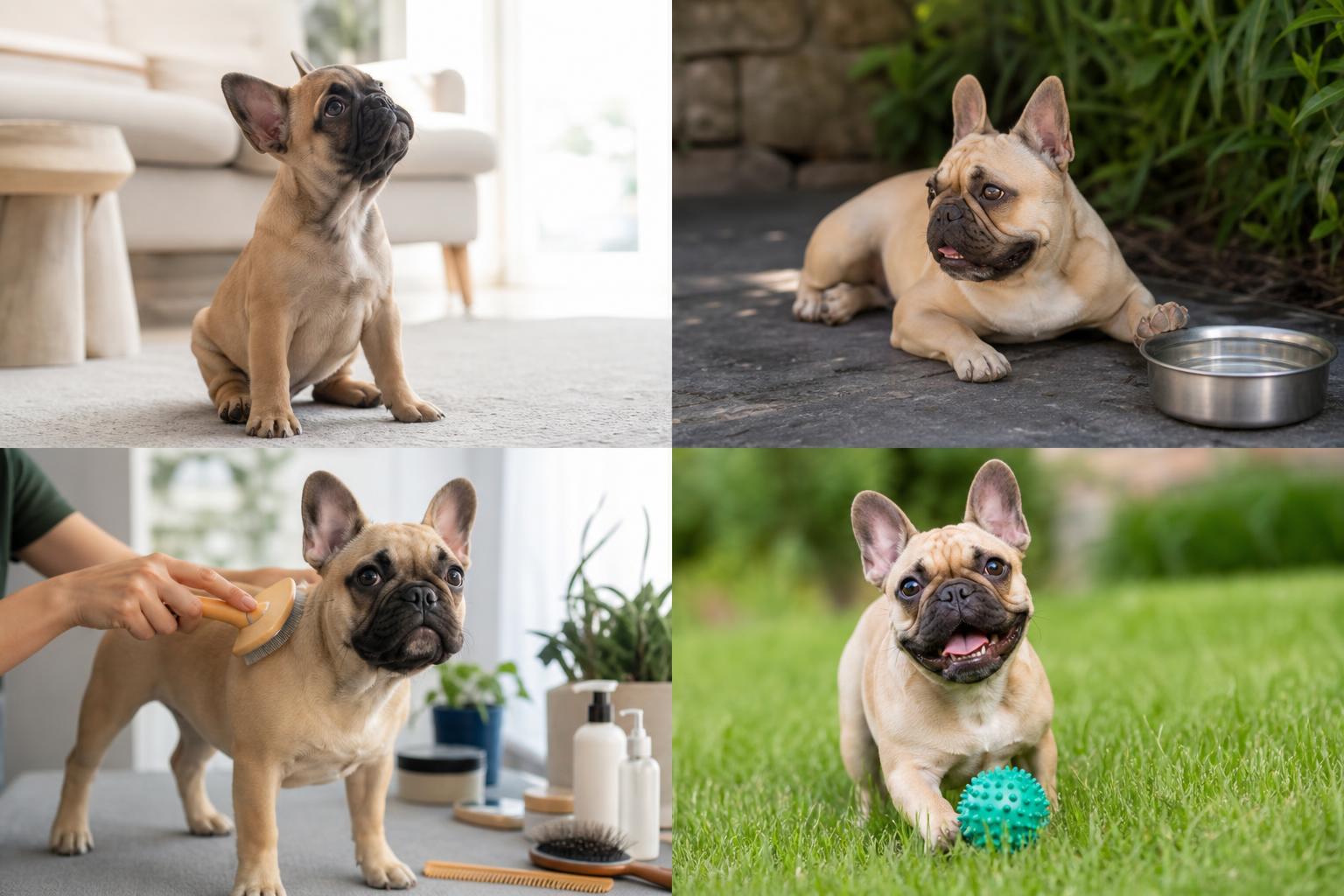 A French Bulldog resting in cool shade with water nearby.