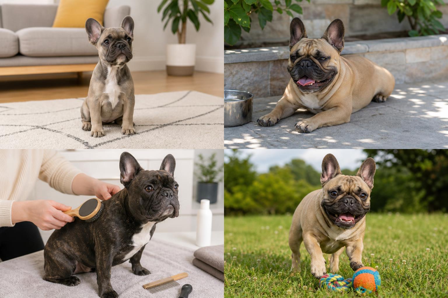 A French Bulldog playing with a toy on grass in mild weather.