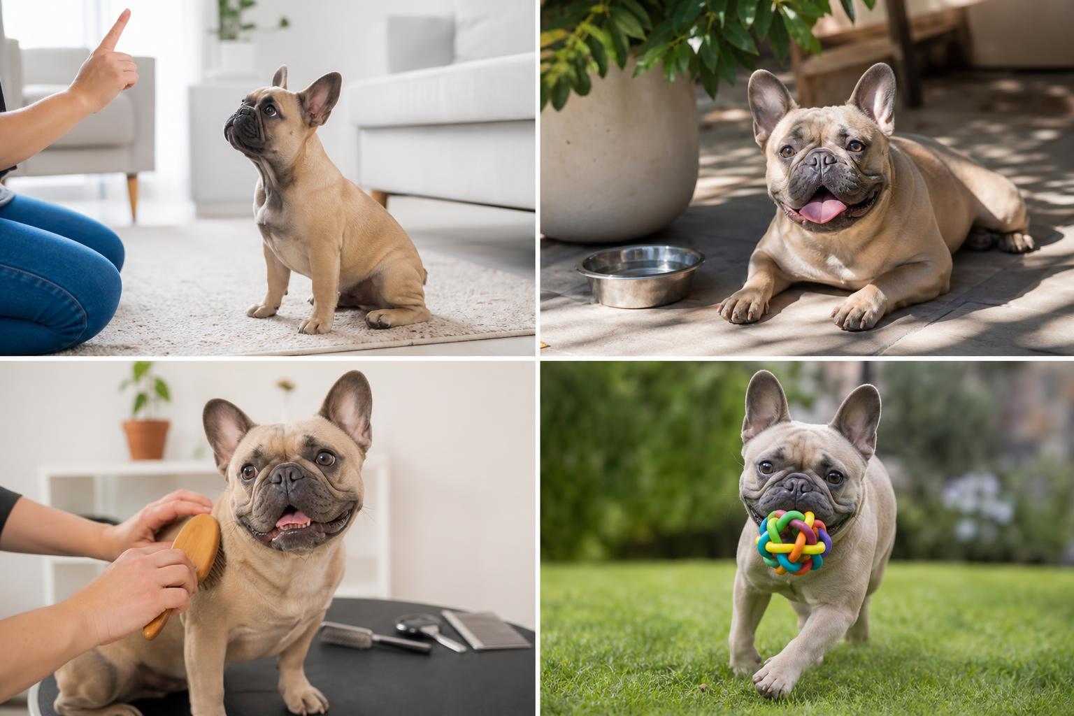 A French Bulldog puppy practicing a sit indoors.