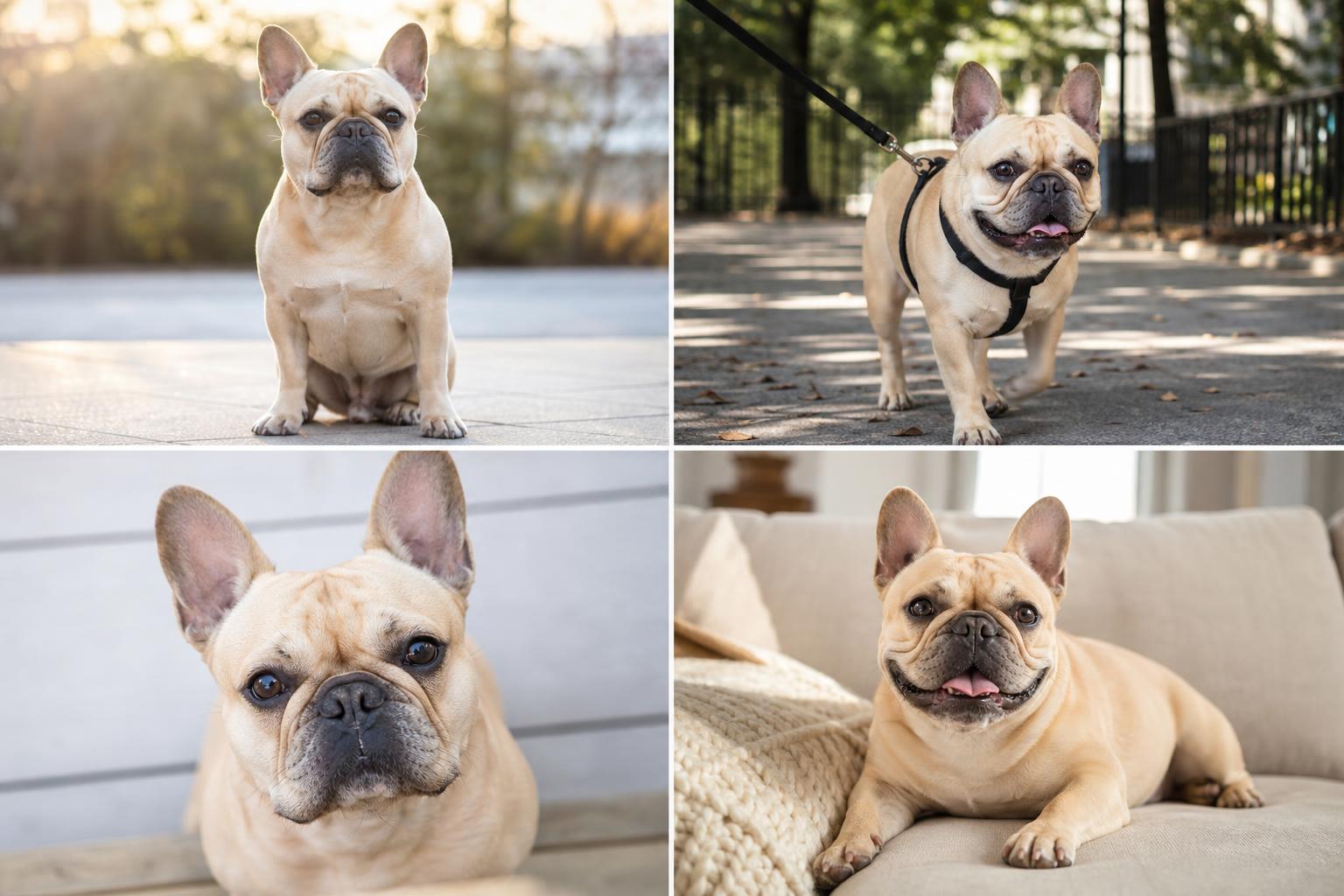 A French Bulldog walking calmly on leash in a shaded park.