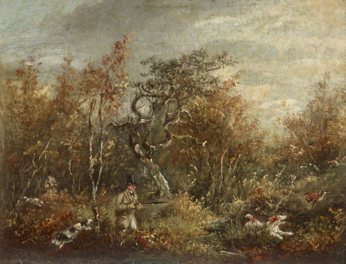 A nineteenth-century painting of woodcock shooting with one gun and a dog.
