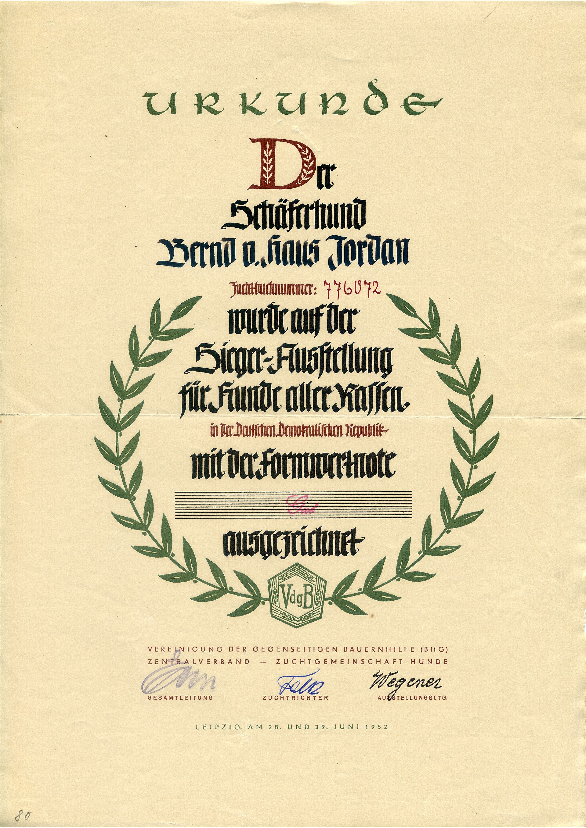 A 1952 German working-dog evaluation document and photograph, evidence of the performance culture that continued after my imagined lifetime.