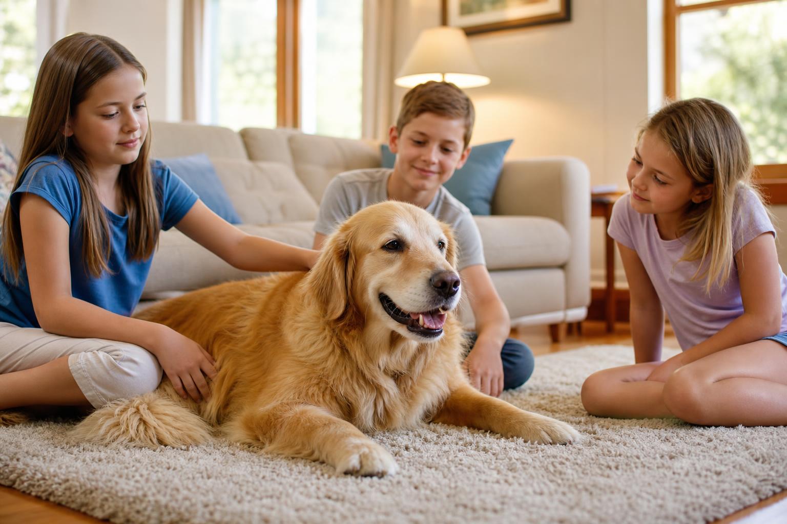 Golden Retriever relaxing calmly in a family living room with children nearby