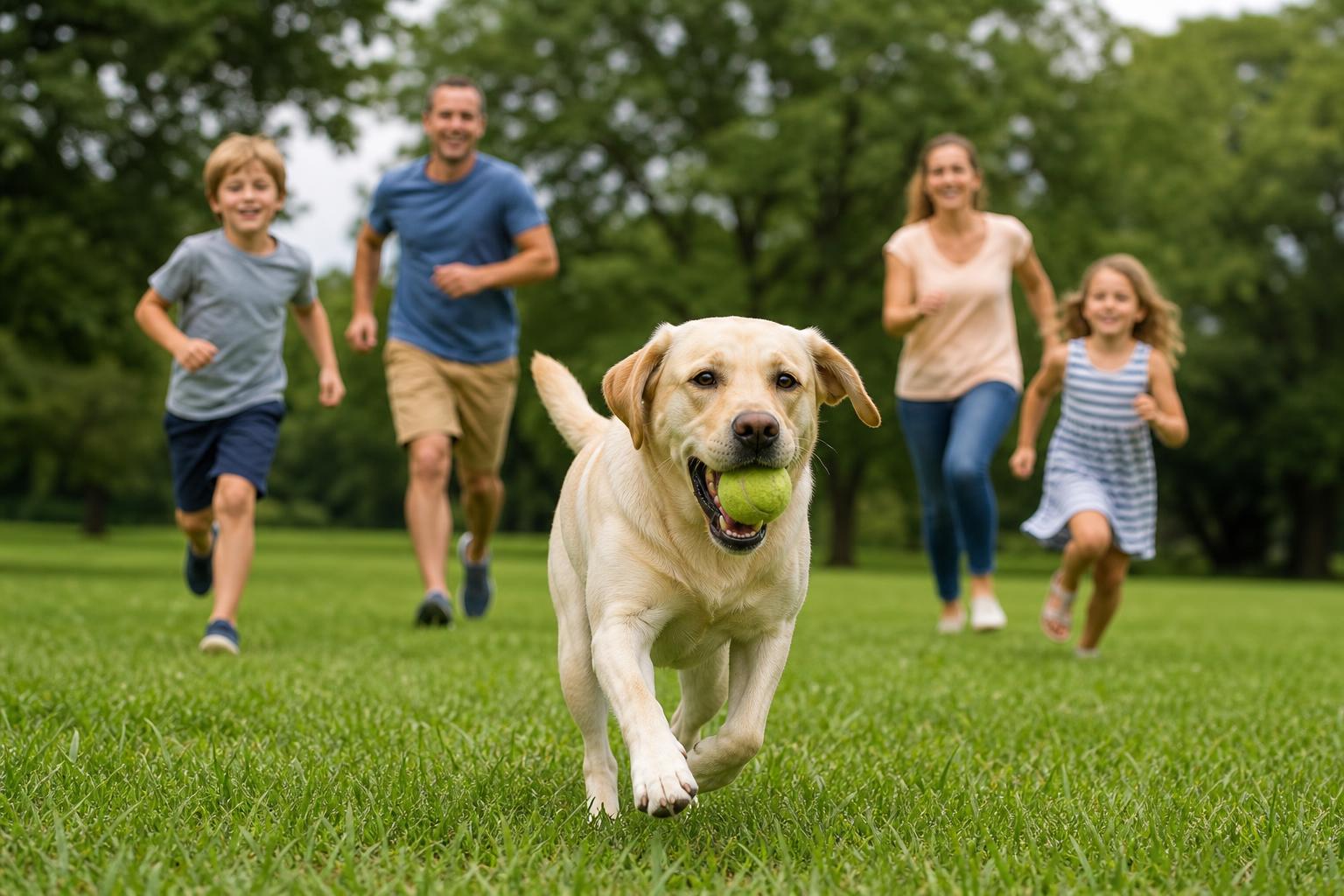 Labrador Retriever playing fetch in a green park with an active family