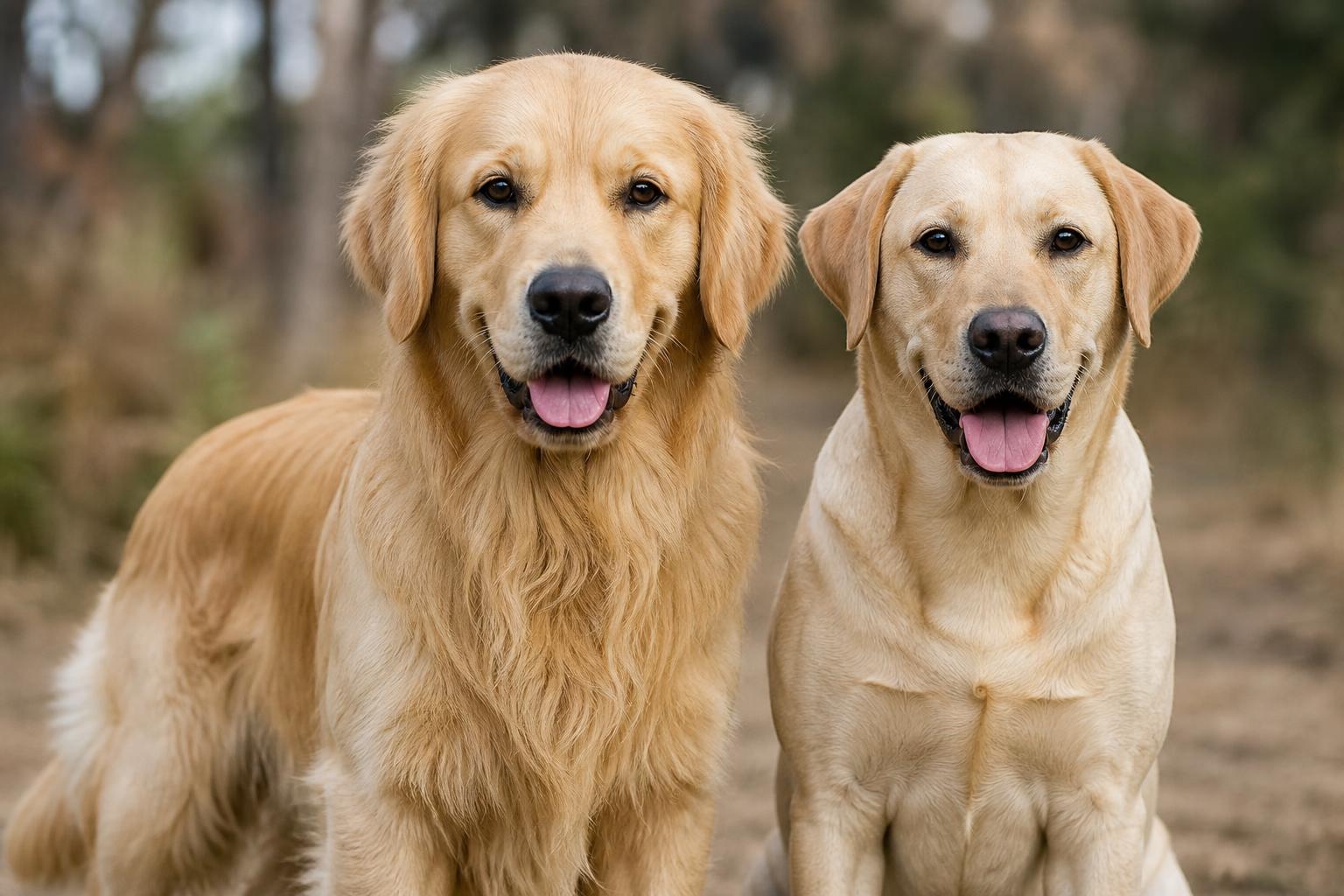 Golden Retriever and Labrador Retriever coat comparison outdoors