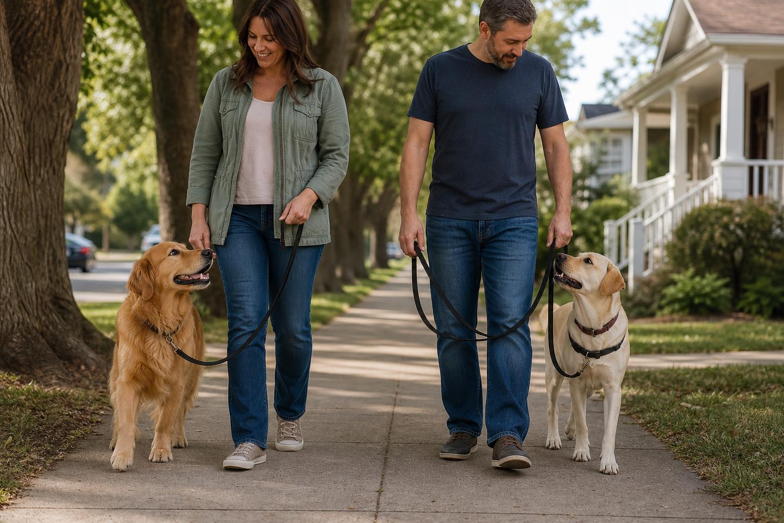 Golden Retriever and Labrador Retriever practicing loose leash walking with owners