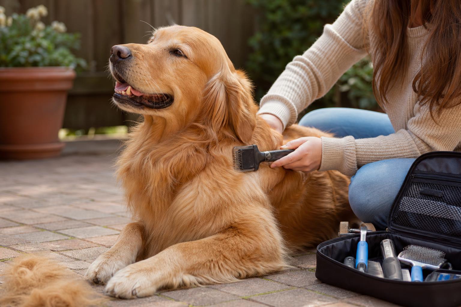 Golden Retriever being brushed gently outdoors