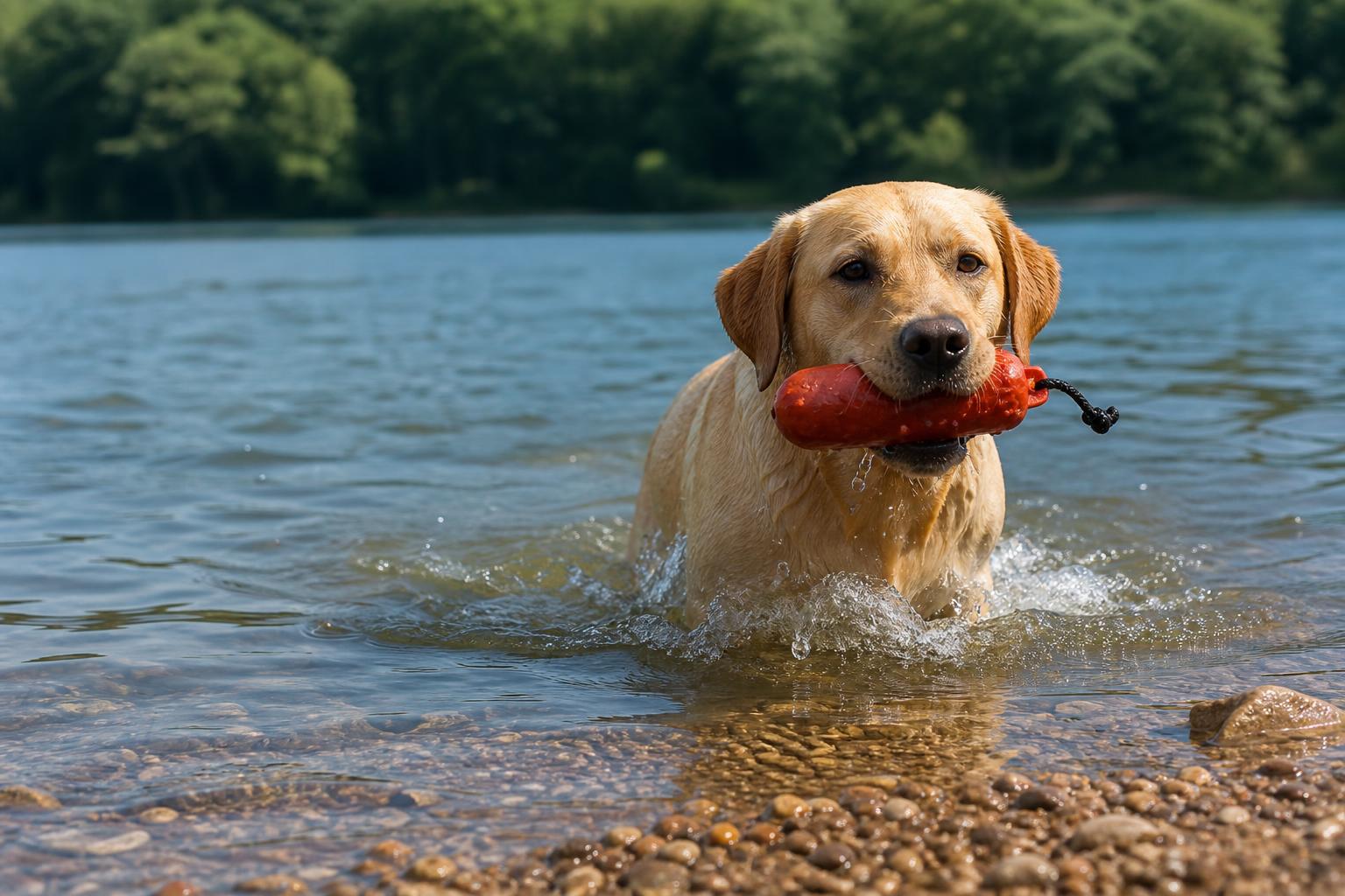 Labrador Retriever at the edge of a lake with a retriever toy