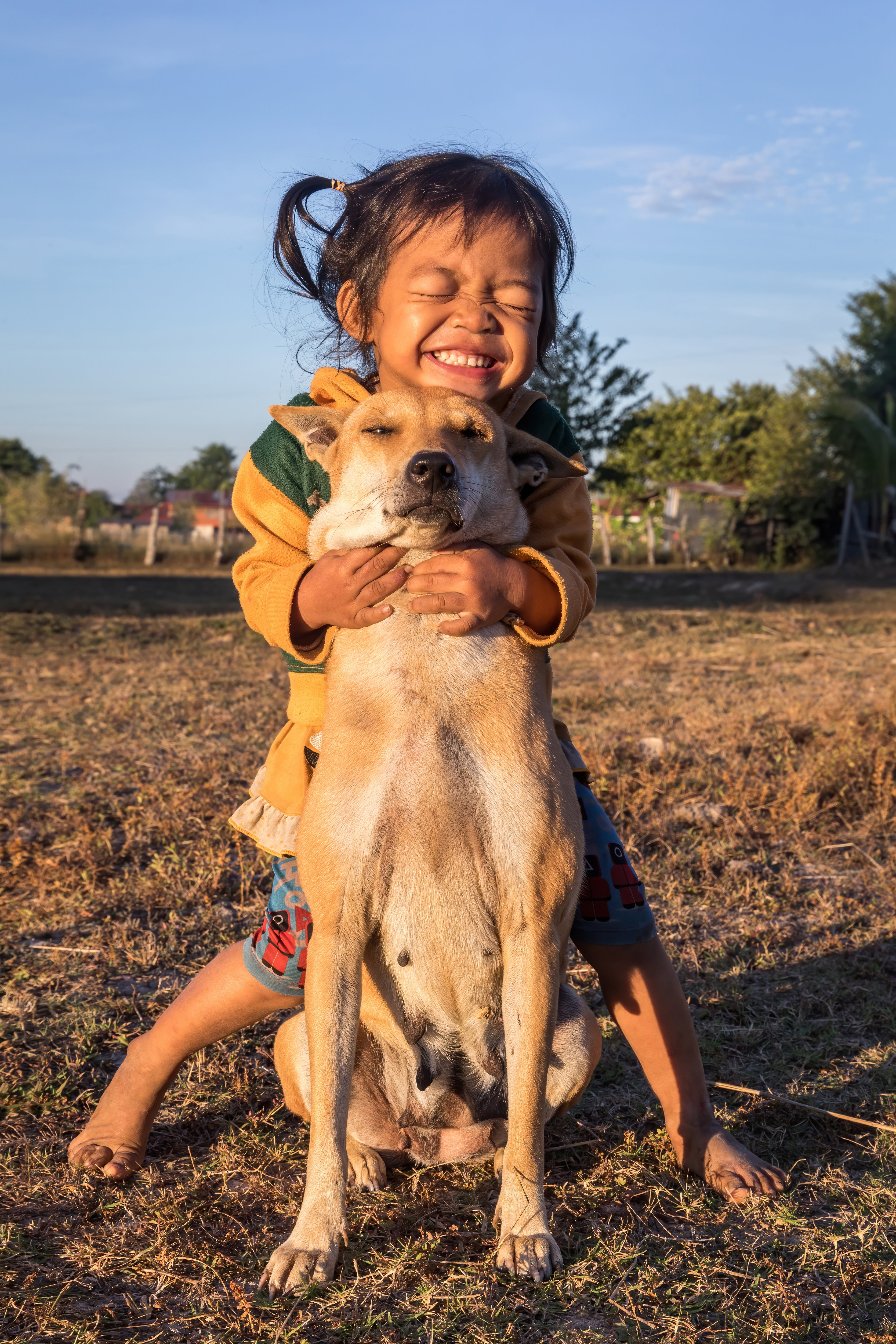 A person and dog enjoying relaxed physical connection