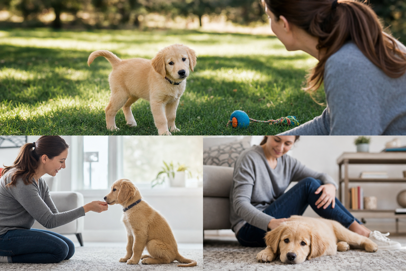 An owner ending a short name-training session with praise and a treat