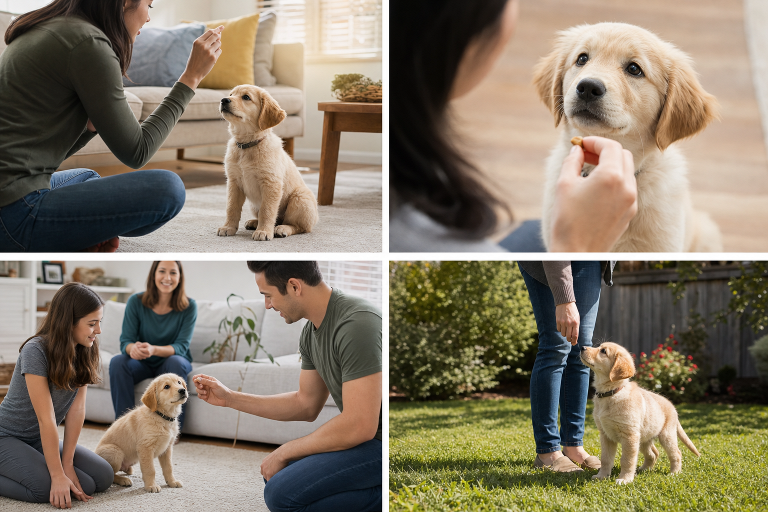 A family calmly using the same puppy name during positive training