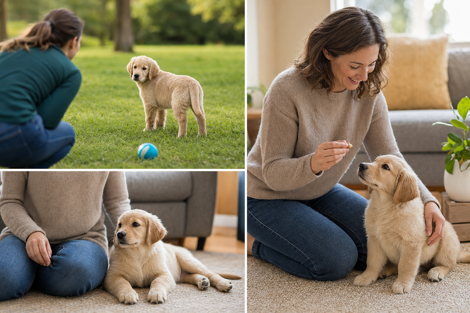 A puppy looking away from a toy distraction after hearing their name