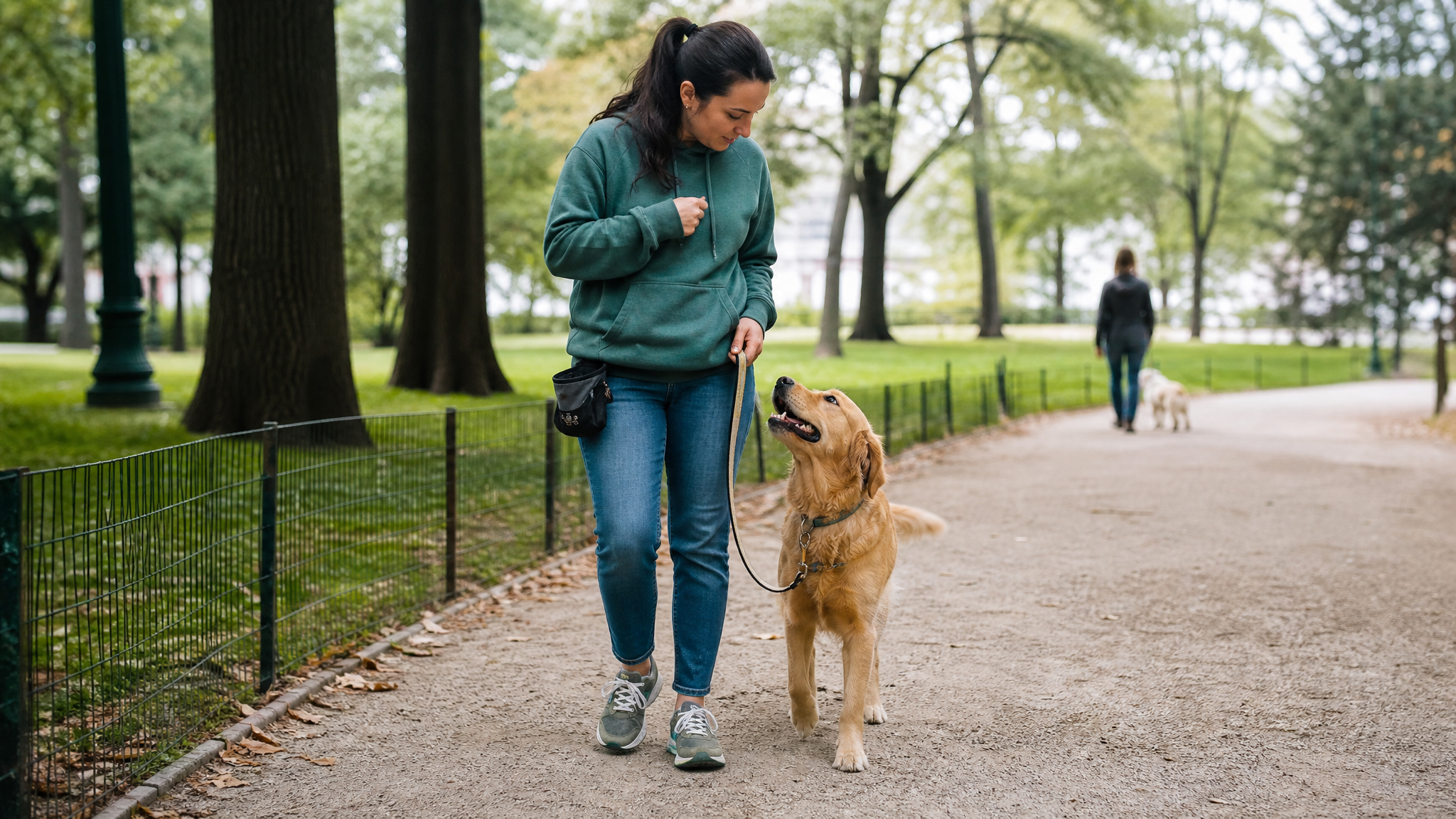 A dog staying calm on leash while distractions remain at a manageable distance.