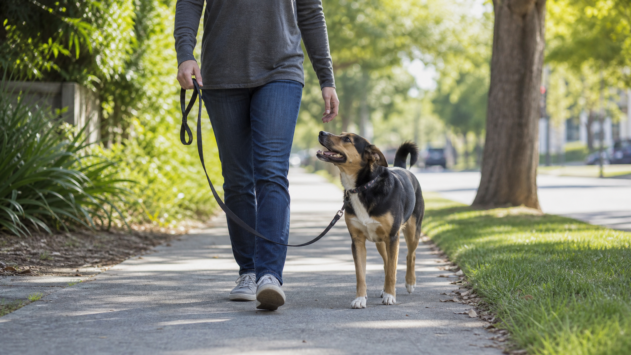 A dog walking calmly beside its owner on a loose leash.