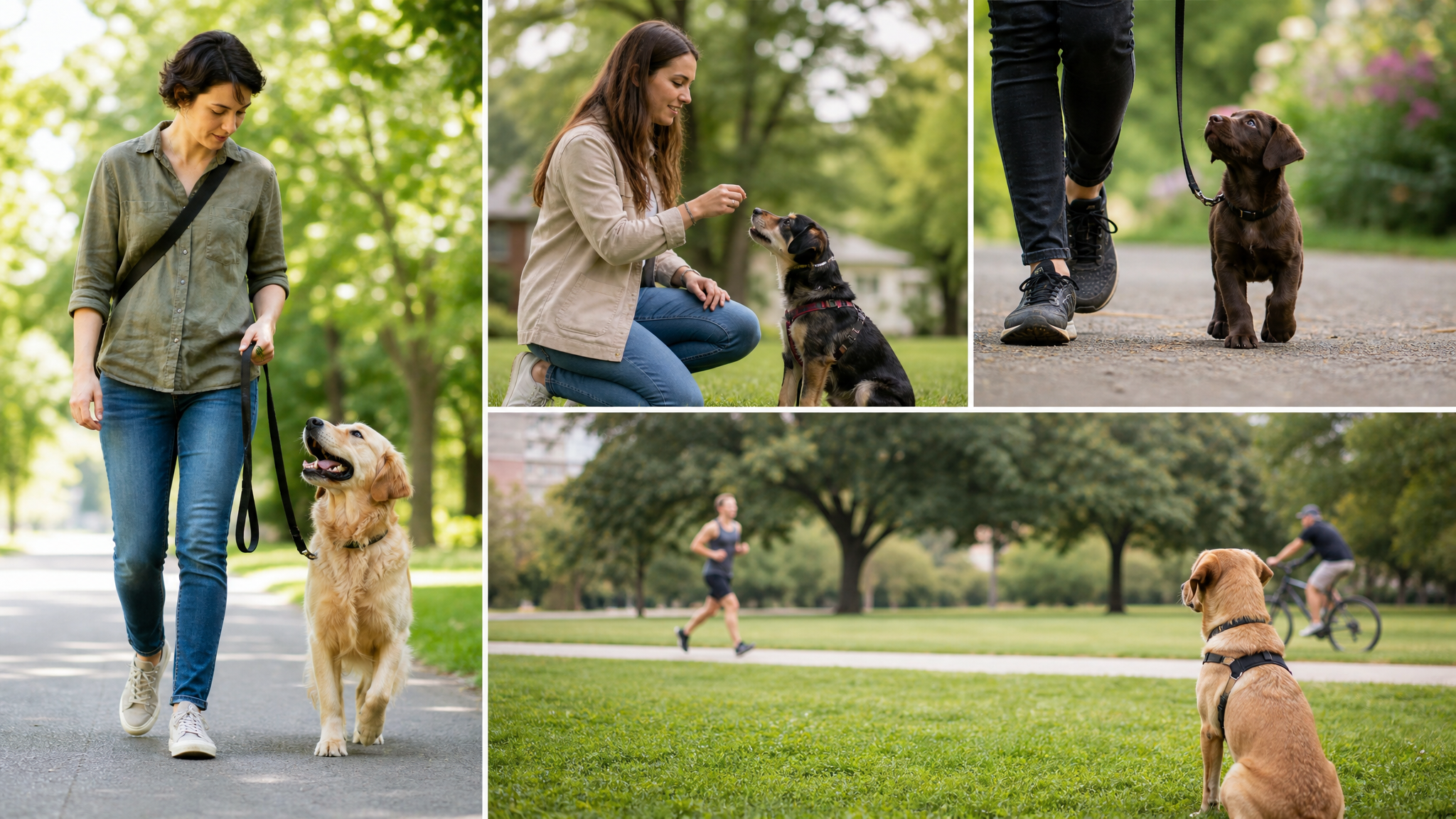 A puppy practicing a short leash-walking session outdoors.