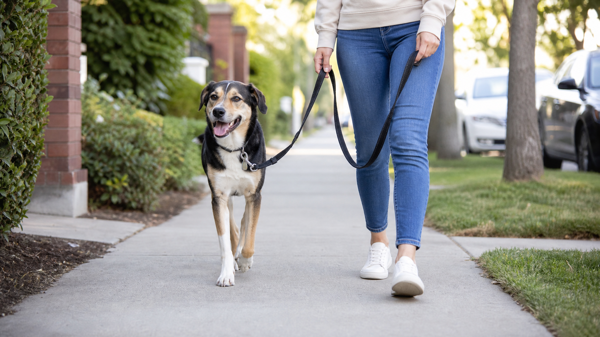 A dog and owner practicing loose leash walking in a quiet outdoor area.