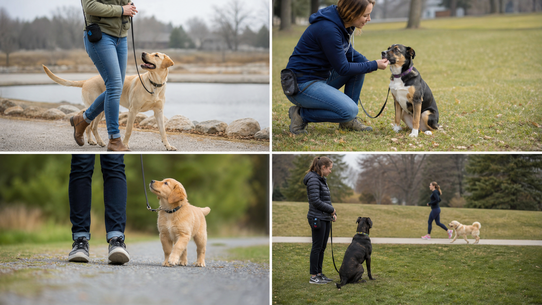 An owner rewarding a dog for checking in during leash training.