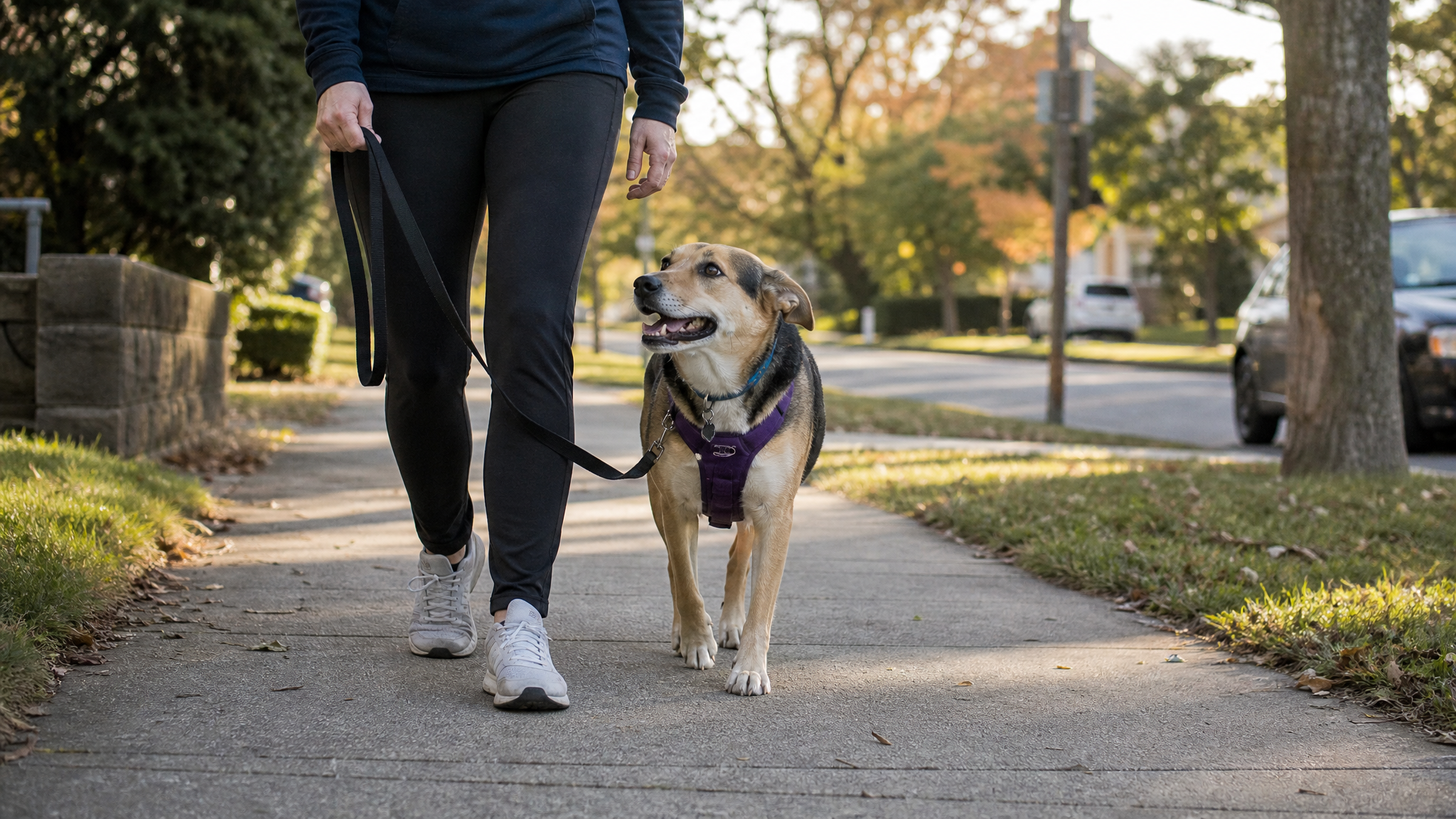 A dog walking calmly on leash along a city sidewalk.